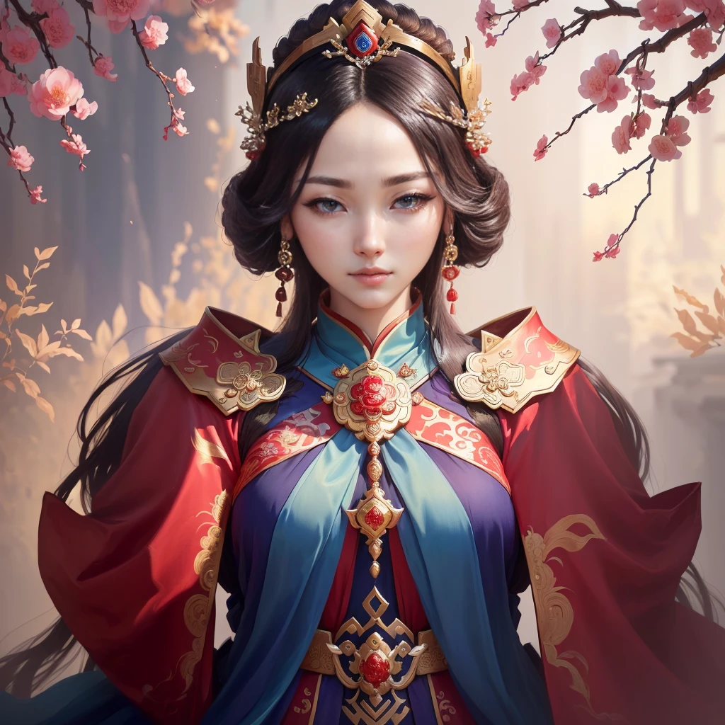 a painting of a woman in a red and blue dress, a beautiful fantasy empress, inspired by Lan Ying, chinese empress, queen of the sea mu yanling, ((a beautiful fantasy empress)), inspired by Ju Lian, ancient chinese princess, inspired by Li Mei-shu, ancient chinese goddess, inspired by Qiu Ying, inspired by Sim Sa-jeong, Highly detailed CG unit 8k wallpaper, masterpiece, High resolution, highest quality, highest quality real texture skin, Super Real, Digital Painting, Best image quality, 最High resolution, 8k, ((Highly detailed eyes and face, Beautiful eyes every detail)), Clasping hands,