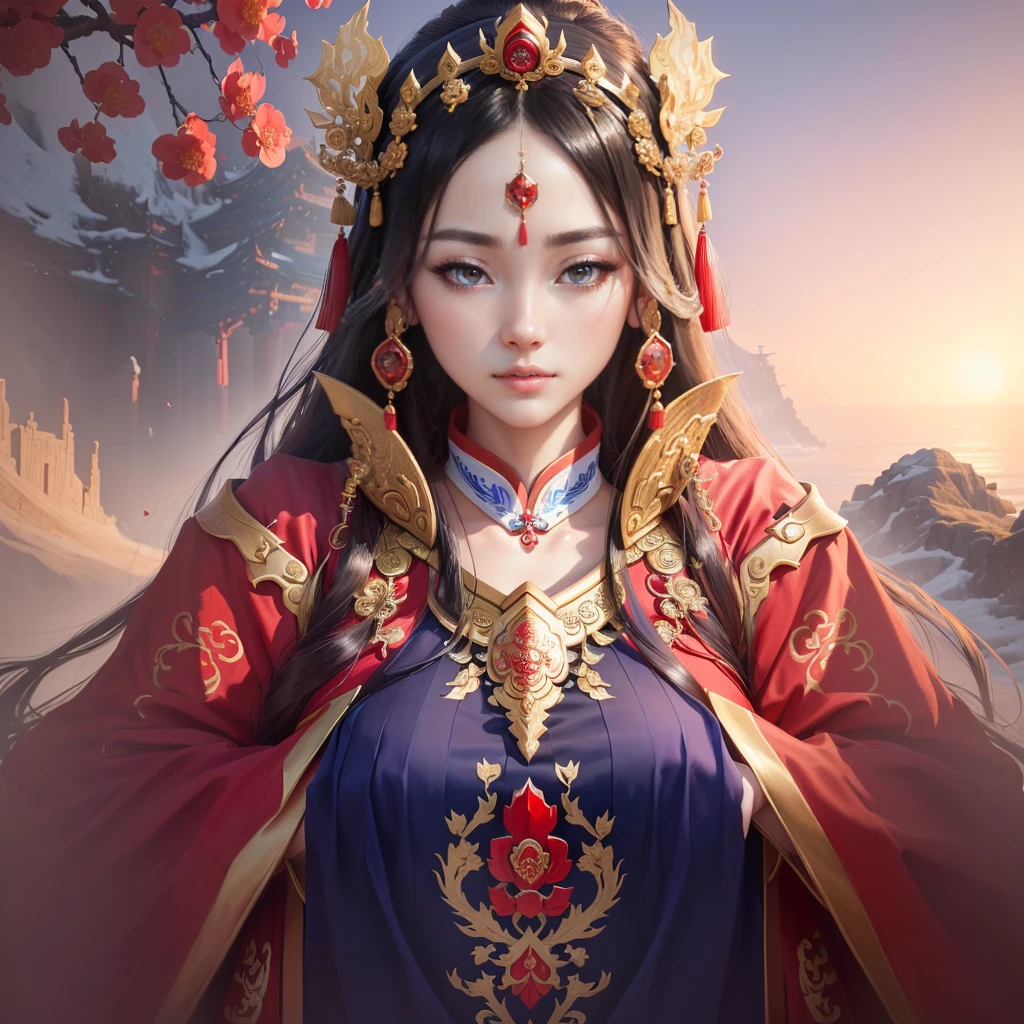 a painting of a woman in a red and blue dress, a beautiful fantasy empress, inspired by Lan Ying, chinese empress, queen of the sea mu yanling, ((a beautiful fantasy empress)), inspired by Ju Lian, ancient chinese princess, inspired by Li Mei-shu, ancient chinese goddess, inspired by Qiu Ying, inspired by Sim Sa-jeong, Highly detailed CG unit 8k wallpaper, masterpiece, High resolution, highest quality, highest quality real texture skin, Super Real, Digital Painting, Best image quality, 最High resolution, 8k, ((Highly detailed eyes and face, Beautiful eyes every detail)), Clasping hands, 