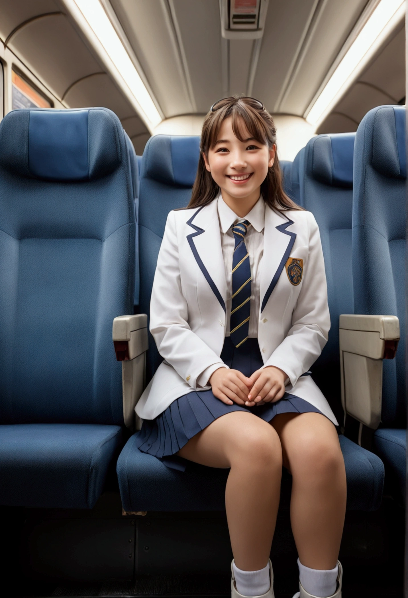 highest quality, masterpiece, Ultra-high resolution, (Reality: 1.4), Original photo, One girl, mature, White JK Uniform, happy smile, , squatting on seat in train, Cinema Lighting
