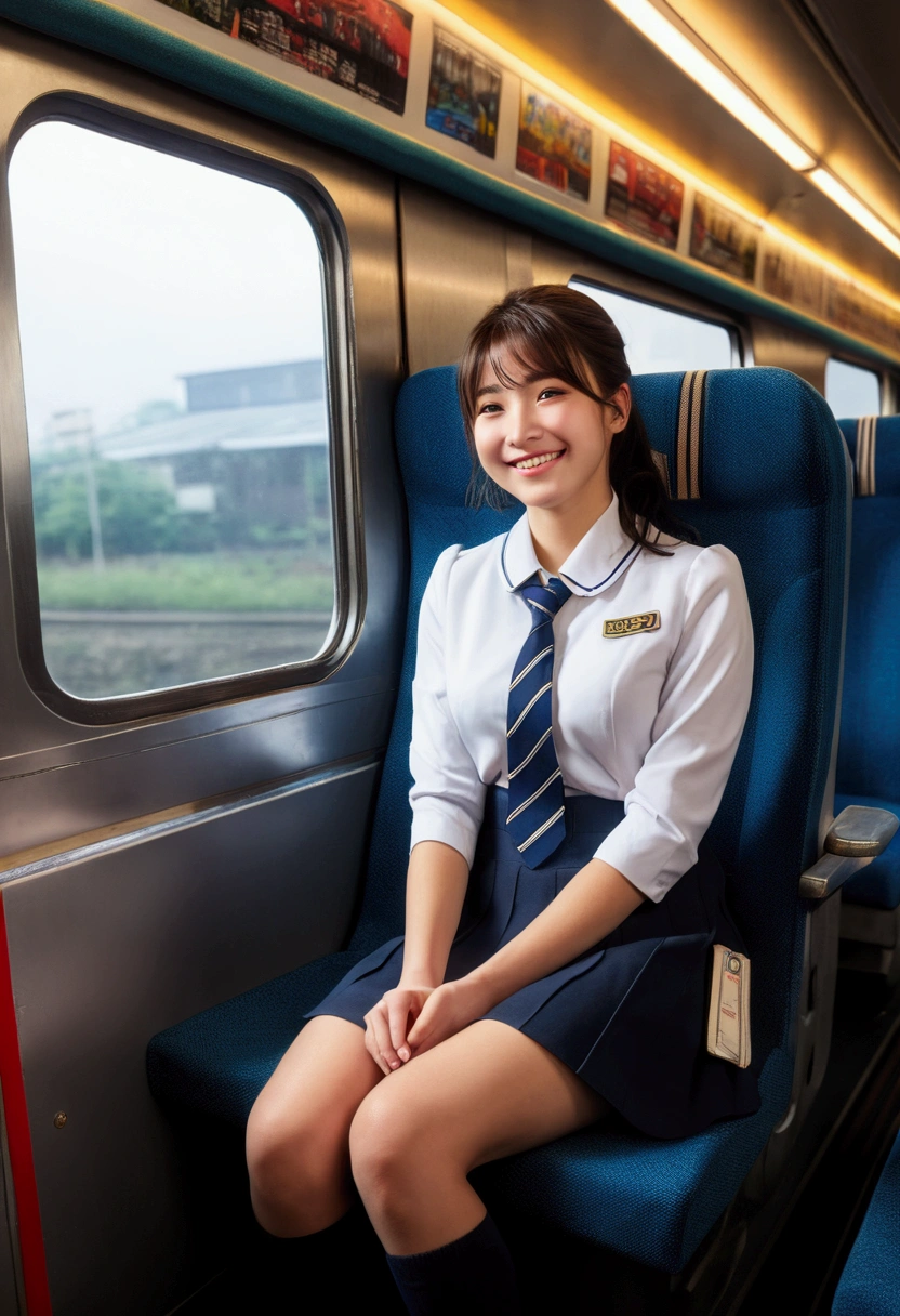 (8K、Raw photography、top-quality、masterpiece:1.2)、(reallistic、Photorealsitic:1.37)、The ultra -The high-definition、1 girl, (solo:1.5), (wearing a japanese sailor suit1.1), look at the viewer、(nice smile:1.1)、(in the train:1.1), long hair , the way one looks at a lover, bangs