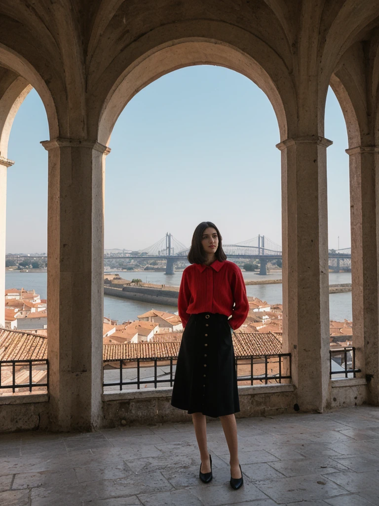 her name is Amelie, high quality, 1girl, ((25-year-old fit Caucasian woman)), ((25 years old)), ((SLIM)), ((Micro Bob dark hair)), pose: standing, wearing Popular Generation-Z modern wear elegant colored, BACKGROUND: "At Miradouro da Senhora do Monte, with a panoramic view of the city’s red rooftops and the Tagus River."