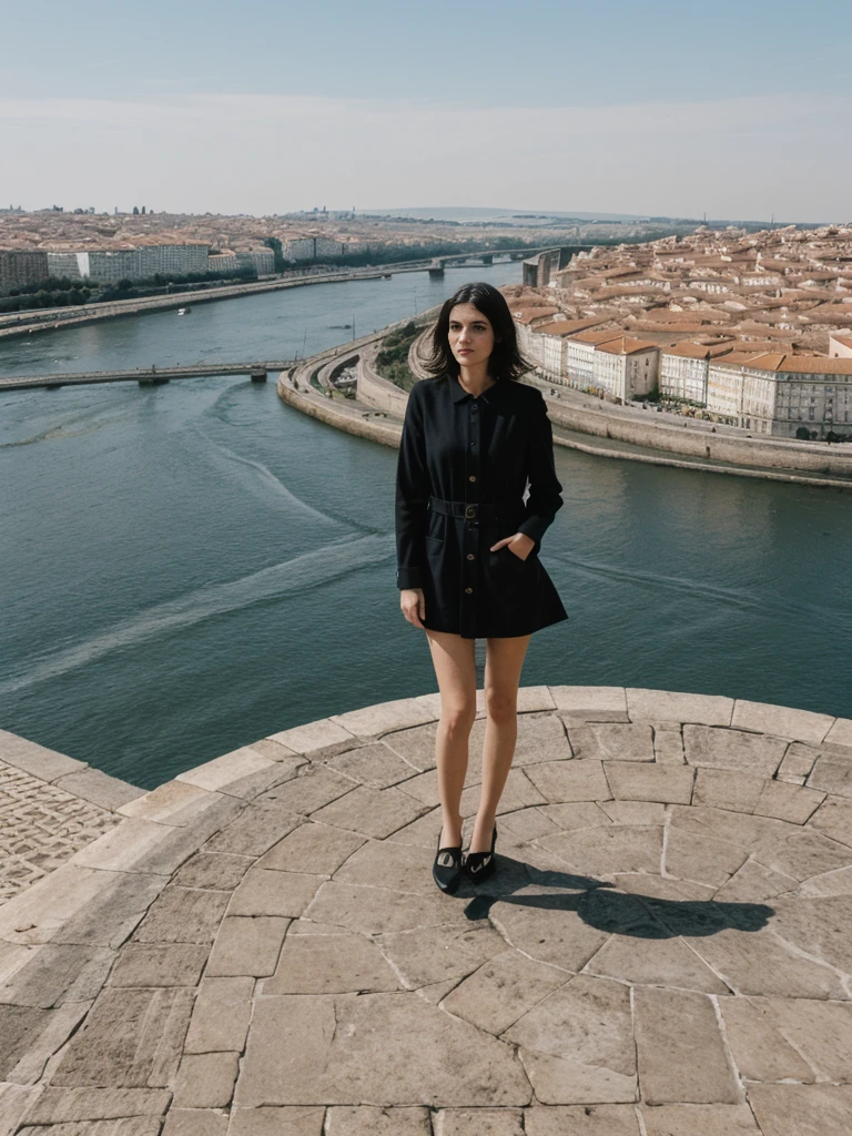 her name is Amelie, high quality, 1girl, ((25-year-old fit Caucasian woman)), ((25 years old)), ((SLIM)), ((Micro Bob dark hair)), pose: standing, wearing Popular Generation-Z modern wear elegant colored, BACKGROUND: "At Miradouro da Senhora do Monte, with a panoramic view of the city’s red rooftops and the Tagus River."