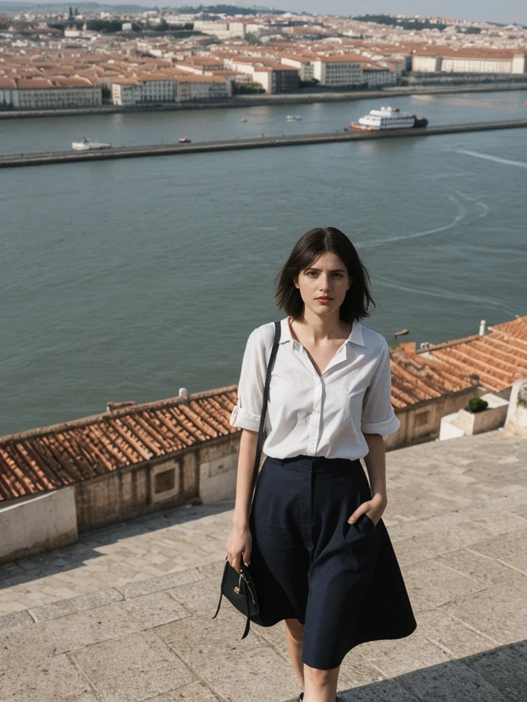 her name is Amelie, high quality, 1girl, ((25-year-old fit Caucasian woman)), ((25 years old)), ((SLIM)), ((Micro Bob dark hair)), pose: standing, wearing Popular Generation-Z modern wear elegant colored, BACKGROUND: "At Miradouro da Senhora do Monte, with a panoramic view of the city’s red rooftops and the Tagus River."