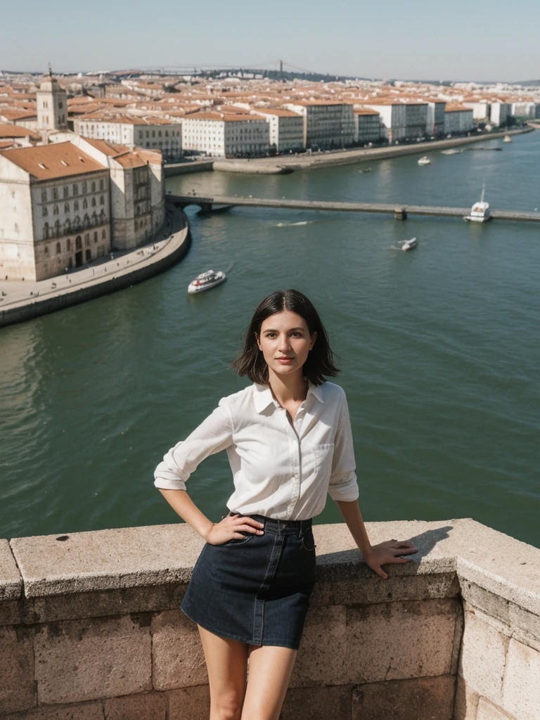 her name is Amelie, high quality, 1girl, ((25-year-old fit Caucasian woman)), ((25 years old)), ((SLIM)), ((Micro Bob dark hair)), pose: standing, wearing Popular Generation-Z modern wear elegant colored, BACKGROUND: "At Miradouro da Senhora do Monte, with a panoramic view of the city’s red rooftops and the Tagus River."