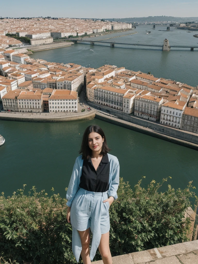 her name is Amelie, high quality, 1girl, ((25-year-old fit Caucasian woman)), ((25 years old)), ((SLIM)), ((Micro Bob dark hair)), pose: standing, wearing Popular Generation-Z modern wear elegant colored, BACKGROUND: "At Miradouro da Senhora do Monte, with a panoramic view of the city’s red rooftops and the Tagus River."