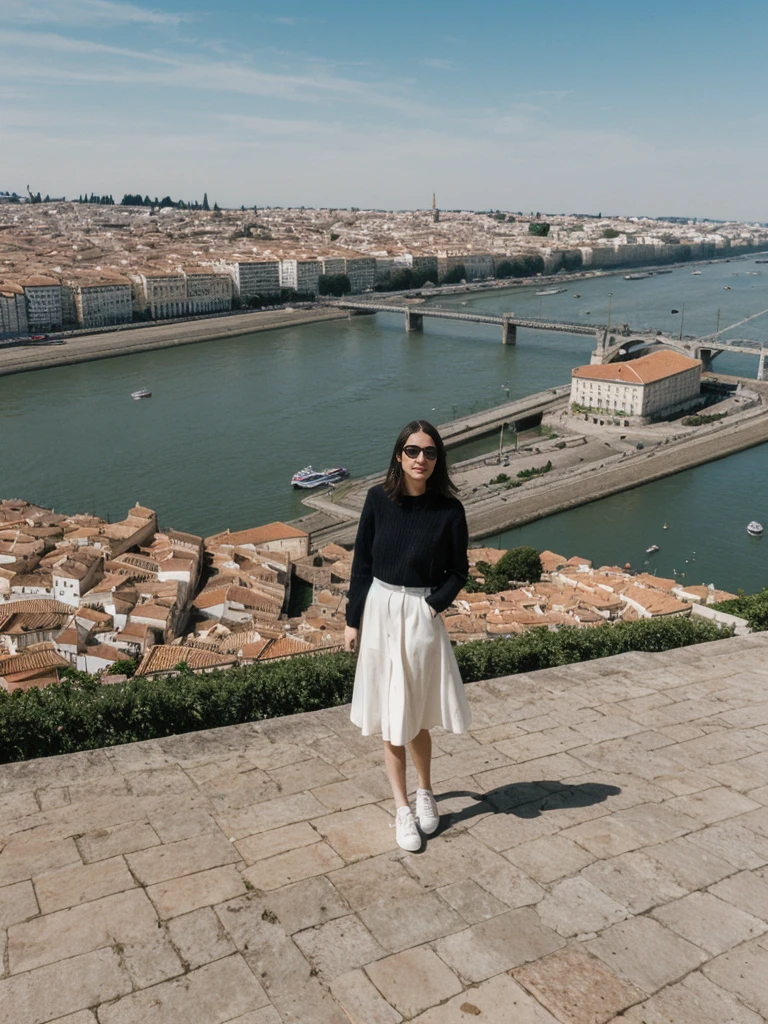 her name is Amelie, high quality, 1girl, ((25-year-old fit Caucasian woman)), ((25 years old)), ((SLIM)), ((Micro Bob dark hair)), pose: standing, wearing Popular Generation-Z modern wear elegant colored, BACKGROUND: "At Miradouro da Senhora do Monte, with a panoramic view of the city’s red rooftops and the Tagus River."
