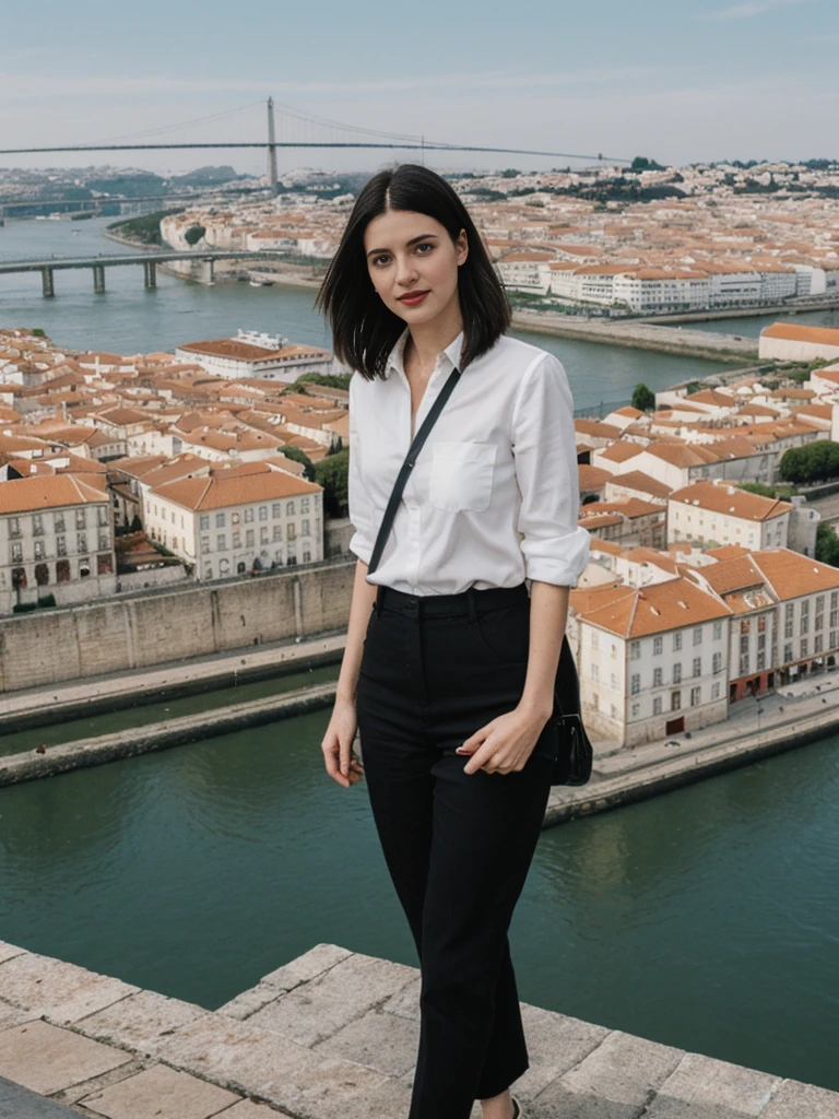 her name is Amelie, high quality, 1girl, ((25-year-old fit Caucasian woman)), ((25 years old)), ((SLIM)), ((Micro Bob dark hair)), pose: standing, wearing Popular Generation-Z modern wear elegant colored, BACKGROUND: "At Miradouro da Senhora do Monte, with a panoramic view of the city’s red rooftops and the Tagus River."