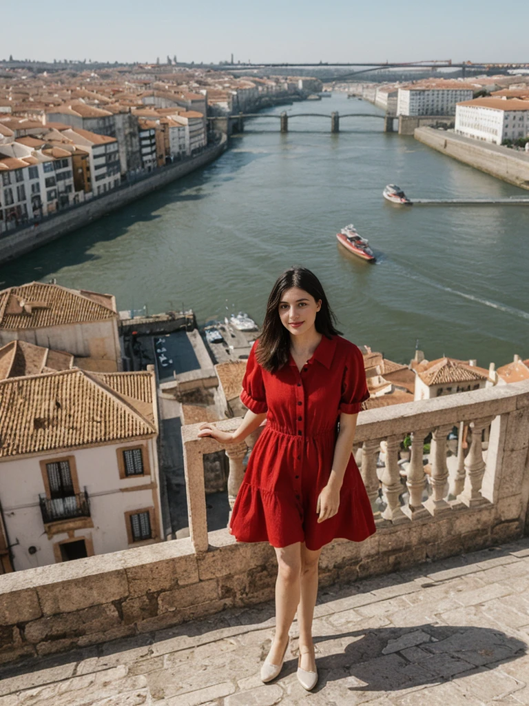 her name is Amelie, high quality, 1girl, ((25-year-old fit Caucasian woman)), ((25 years old)), ((SLIM)), ((Micro Bob dark hair)), pose: standing, wearing Popular Generation-Z modern wear elegant colored, BACKGROUND: "At Miradouro da Senhora do Monte, with a panoramic view of the city’s red rooftops and the Tagus River."