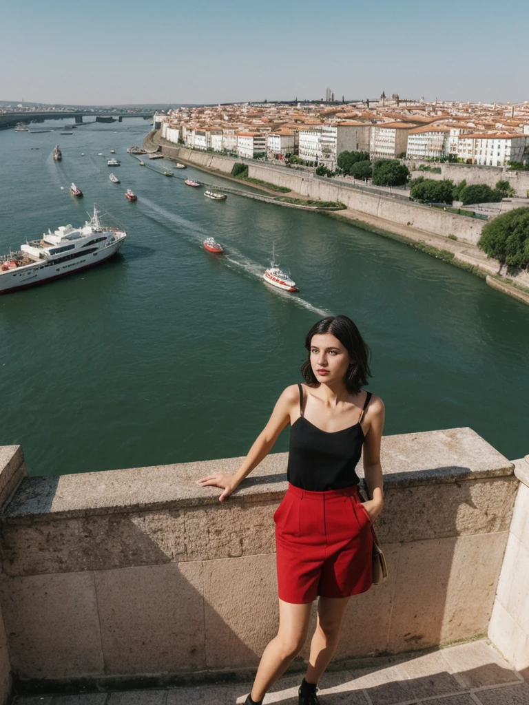 her name is Amelie, high quality, 1girl, ((25-year-old fit Caucasian woman)), ((25 years old)), ((SLIM)), ((Micro Bob dark hair)), pose: standing, wearing Popular Generation-Z modern wear elegant colored, BACKGROUND: "At Miradouro da Senhora do Monte, with a panoramic view of the city’s red rooftops and the Tagus River."