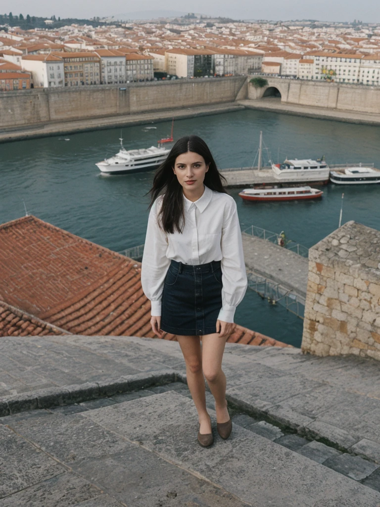 her name is Amelie, high quality, 1girl, ((25-year-old fit Caucasian woman)), ((25 years old)), ((SLIM)), ((Micro Bob dark hair)), pose: standing, wearing Popular Generation-Z modern wear elegant colored, BACKGROUND: "At Miradouro da Senhora do Monte, with a panoramic view of the city’s red rooftops and the Tagus River."