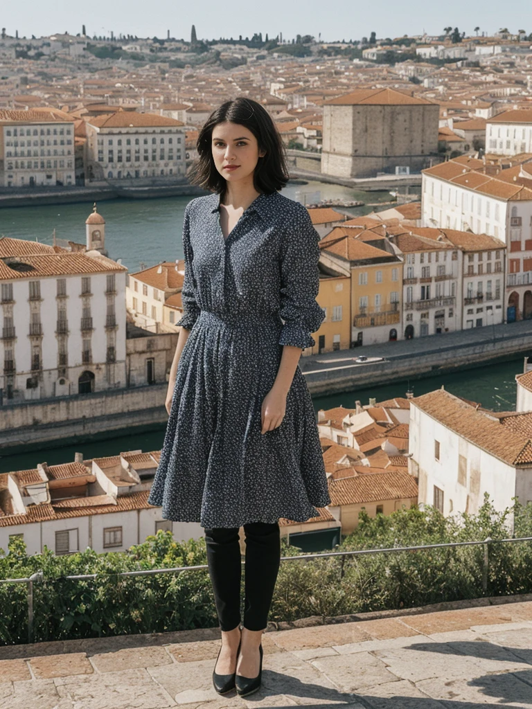 her name is Amelie, high quality, 1girl, ((25-year-old fit Caucasian woman)), ((25 years old)), ((SLIM)), ((Micro Bob dark hair)), pose: standing, wearing Popular Generation-Z modern wear elegant colored, BACKGROUND: "At Miradouro da Senhora do Monte, with a panoramic view of the city’s red rooftops and the Tagus River."
