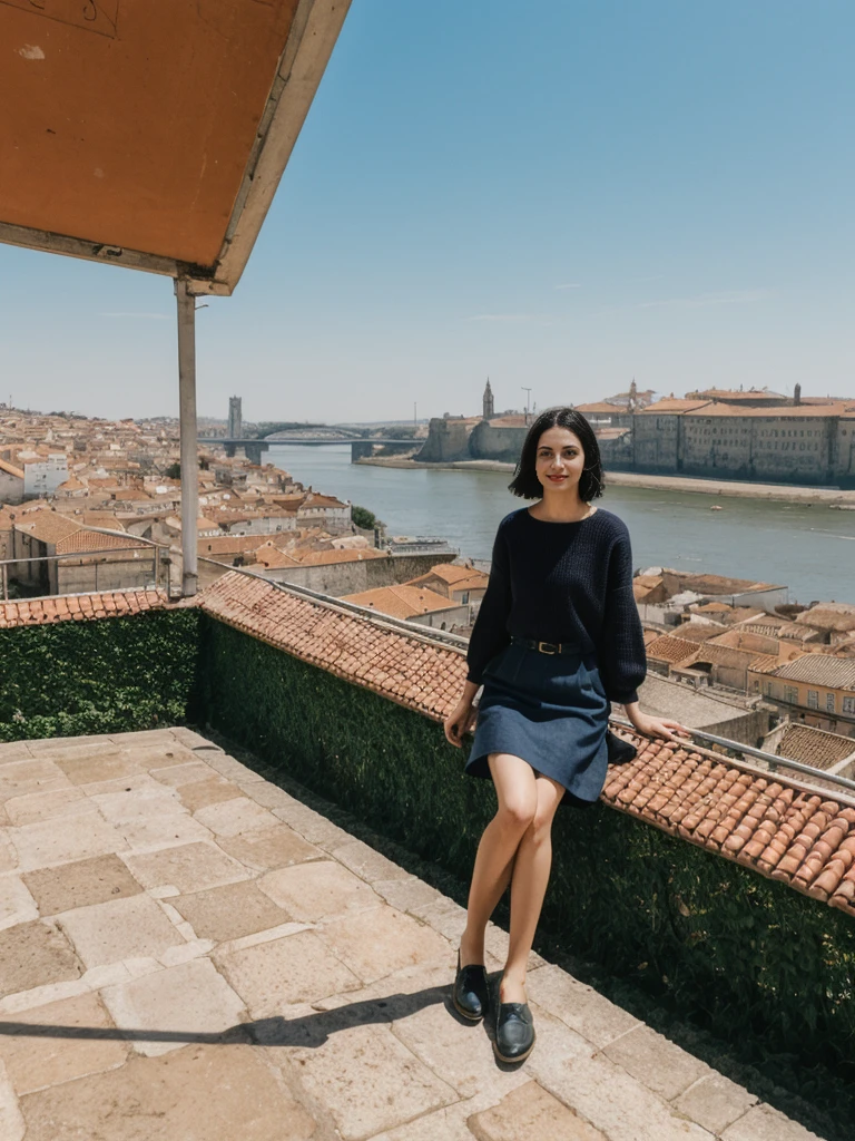 her name is Amelie, high quality, 1girl, ((25-year-old fit Caucasian woman)), ((25 years old)), ((SLIM)), ((Micro Bob dark hair)), pose: standing, wearing Popular Generation-Z modern wear elegant colored, BACKGROUND: "At Miradouro da Senhora do Monte, with a panoramic view of the city’s red rooftops and the Tagus River."