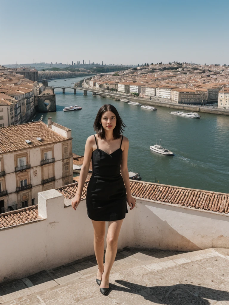 her name is Amelie, high quality, 1girl, ((25-year-old fit Caucasian woman)), ((25 years old)), ((SLIM)), ((Micro Bob dark hair)), pose: standing, wearing Popular Generation-Z modern wear elegant colored, BACKGROUND: "At Miradouro da Senhora do Monte, with a panoramic view of the city’s red rooftops and the Tagus River."