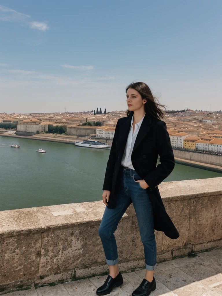 her name is Amelie, high quality, 1girl, ((25-year-old fit Caucasian woman)), ((25 years old)), ((SLIM)), ((Micro Bob dark hair)), pose: standing, wearing Popular Generation-Z modern wear elegant colored, BACKGROUND: "At Miradouro da Senhora do Monte, with a panoramic view of the city’s red rooftops and the Tagus River."