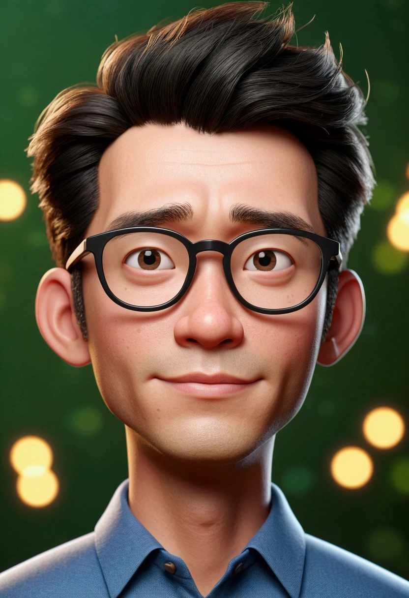 Wear black glasses、穿蓝衬衫的男人的Cartoon Characters, Animated Characters, Stylized characters, Animation style rendering, 3D style, Arnold Maya Rendering, Render 3D style, Cartoon Rendering Keyshot, 3d characters, 3d characters, Stylized 3d rendering, 3D character rendering, Cartoon Characters, Close-up characters, Character pose,  (Pixar style) (Main Part:1.2) (Bokeh) (best quality) (Delicate skin) (Detailed texture) (8K) (Clay) (light) (Clear focus