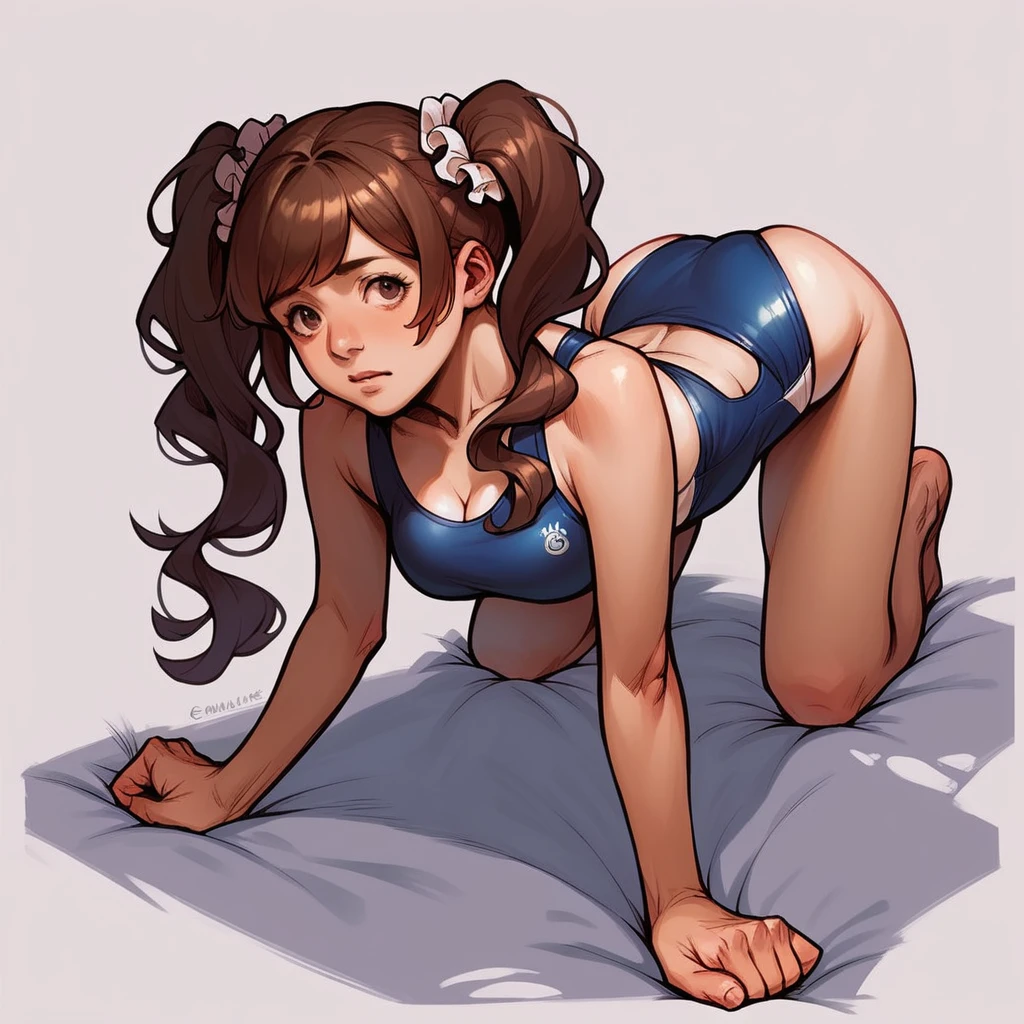 19 years old, female, gravure idol, Japanese, pigtails, brown hair, medium breasts, swimsuit, on all fours, realistic style