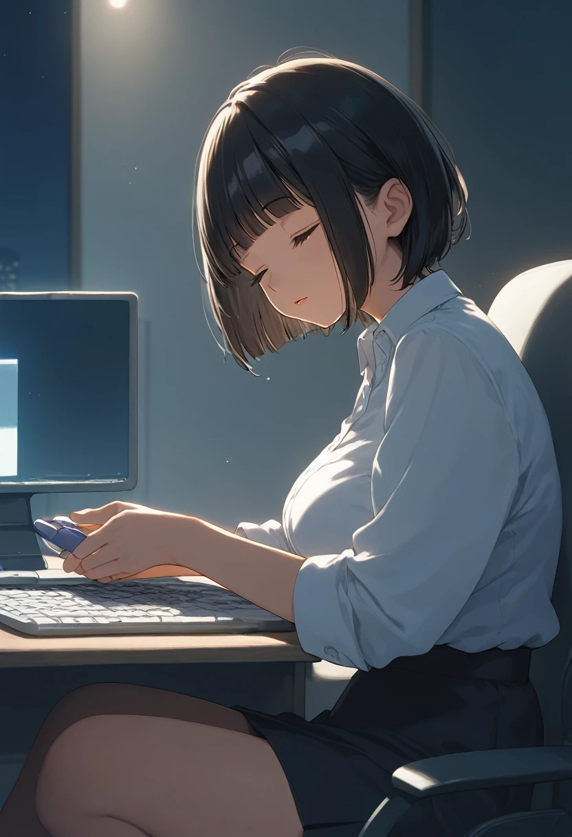 score_9,score_8_up,score_7_up,masterpiece,best quality, source anime, official art, super detailed, extreme detailed, rating_safe,
1girl, sitting on chair, (tilt head:1.4), typing on the keyboard, sleeping, Falling asleep while working overtime,
BREAK girl, 22yo, short hair, bob cut, (blunt bangs), black hair, (tareme, detailed cute brown eyes), curled eyelashes, (large breasts:0.9),
shiny hair, beautiful detailed eyes, beautiful face,
white collared shirt, black tight mini skirt,
(closed eyes:1.2), parted lips, drooling,
office, night, dark room, dark background, dim light, computer, screen,