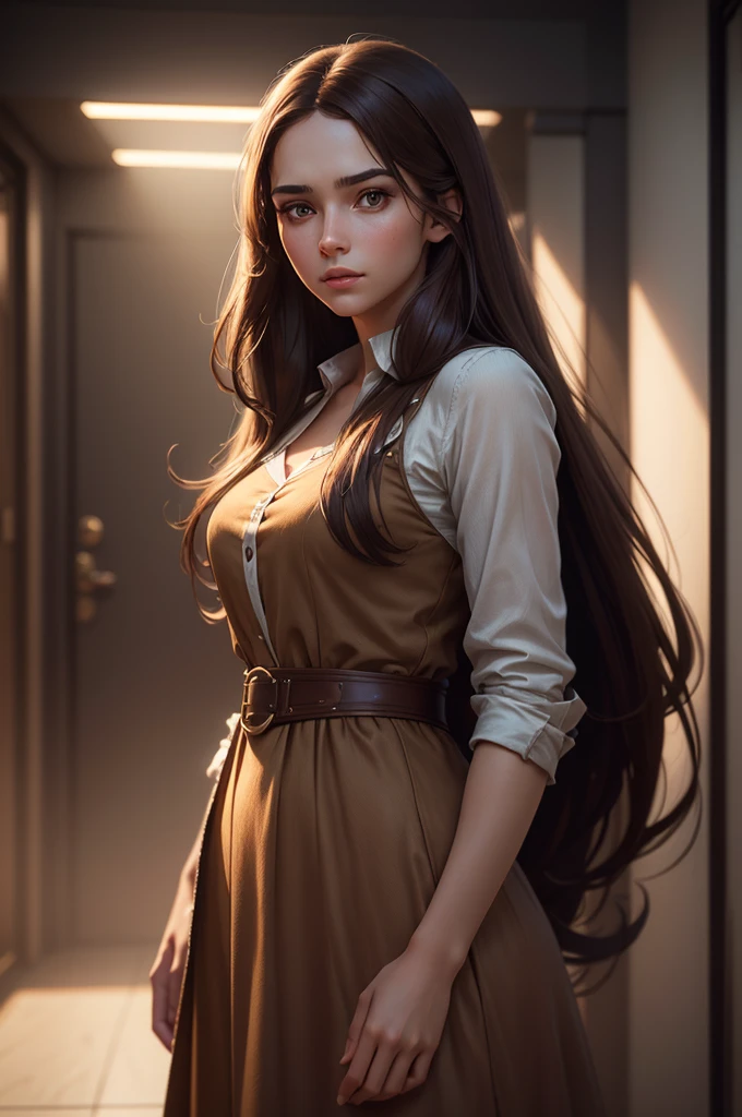 a beautiful young woman with long brown hair, modern dress, masterfully detailed face, cinematic lighting, highly detailed, hyper realistic, octane render, muted color palette, dramatic chiaroscuro lighting