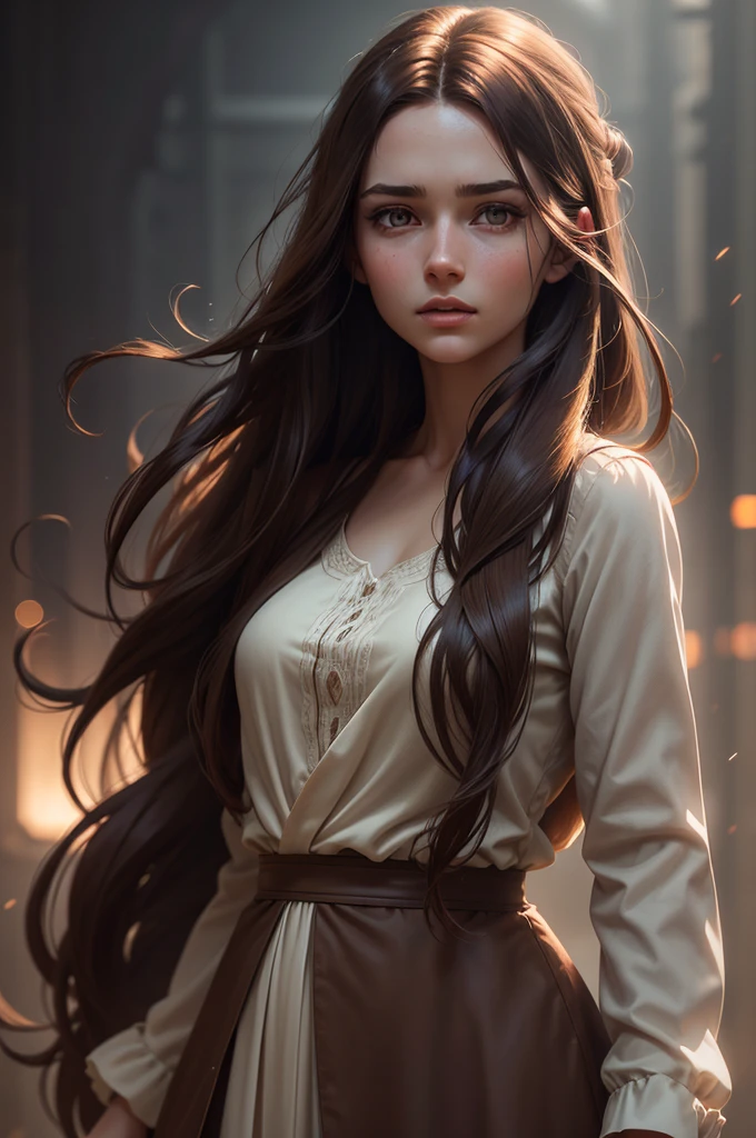 a beautiful young woman with long brown hair, modern dress, masterfully detailed face, cinematic lighting, highly detailed, hyper realistic, octane render, muted color palette, dramatic chiaroscuro lighting