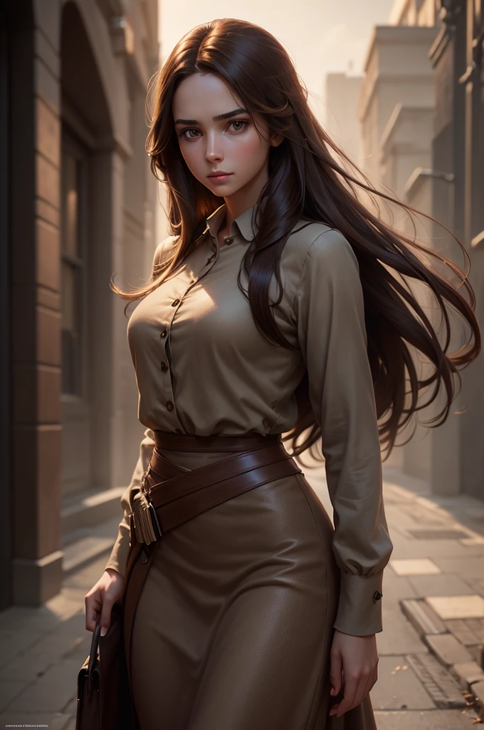 a beautiful young woman with long brown hair, modern dress, masterfully detailed face, cinematic lighting, highly detailed, hyper realistic, octane render, muted color palette, dramatic chiaroscuro lighting