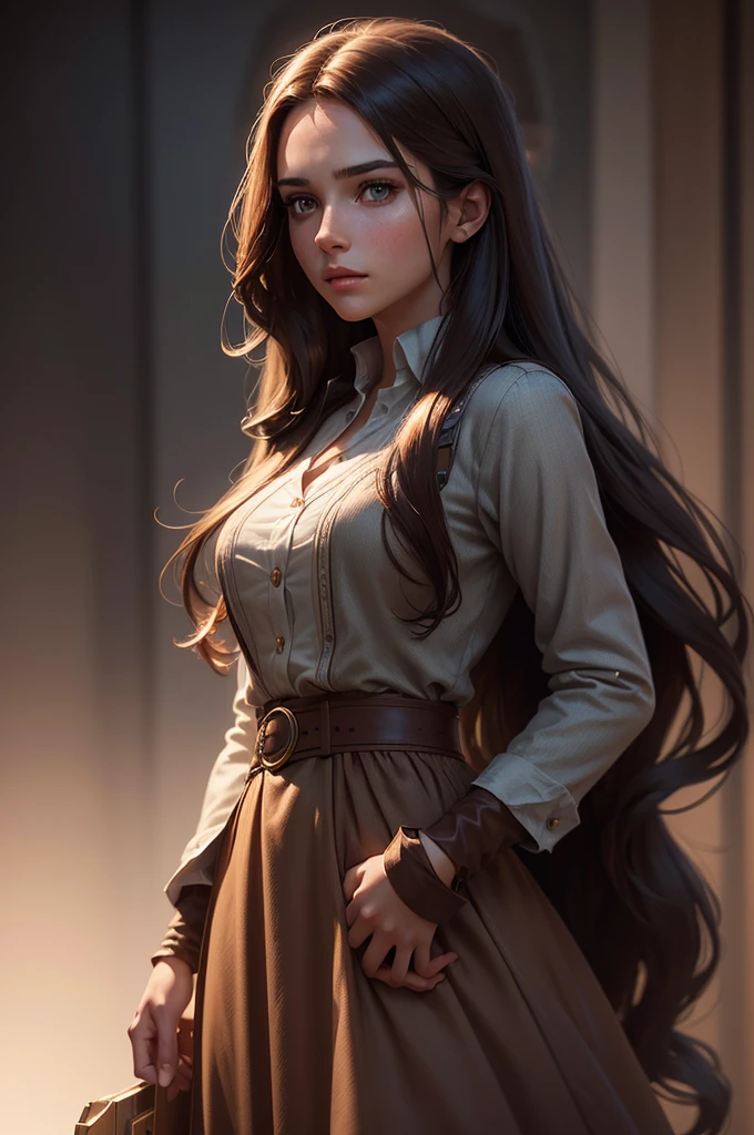 a beautiful young woman with long brown hair, modern dress, masterfully detailed face, cinematic lighting, highly detailed, hyper realistic, octane render, muted color palette, dramatic chiaroscuro lighting