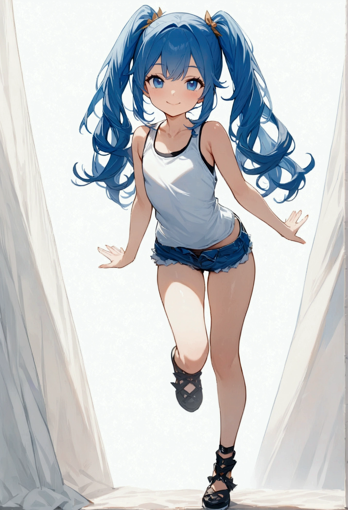 full body, (female): 1girl, (solo), (perfect face), (detailed outfit), (), beautiful female, smile (happy), blue hair, long hair, twintails hair, blue eyes, (tank top,), (white background), (masterpiece:1.4), (best quality), (ultra-detailed)