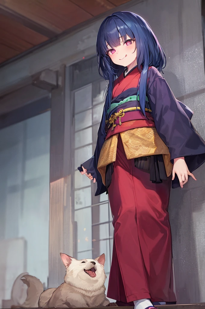 Girl wearing a collar ,Long-sleeved kimono,Dynamic Angles,A troubled smile,Embarrassed expression,Red cheeks,Blue Hair,Pink eyes,Canine,Sticking out tongue