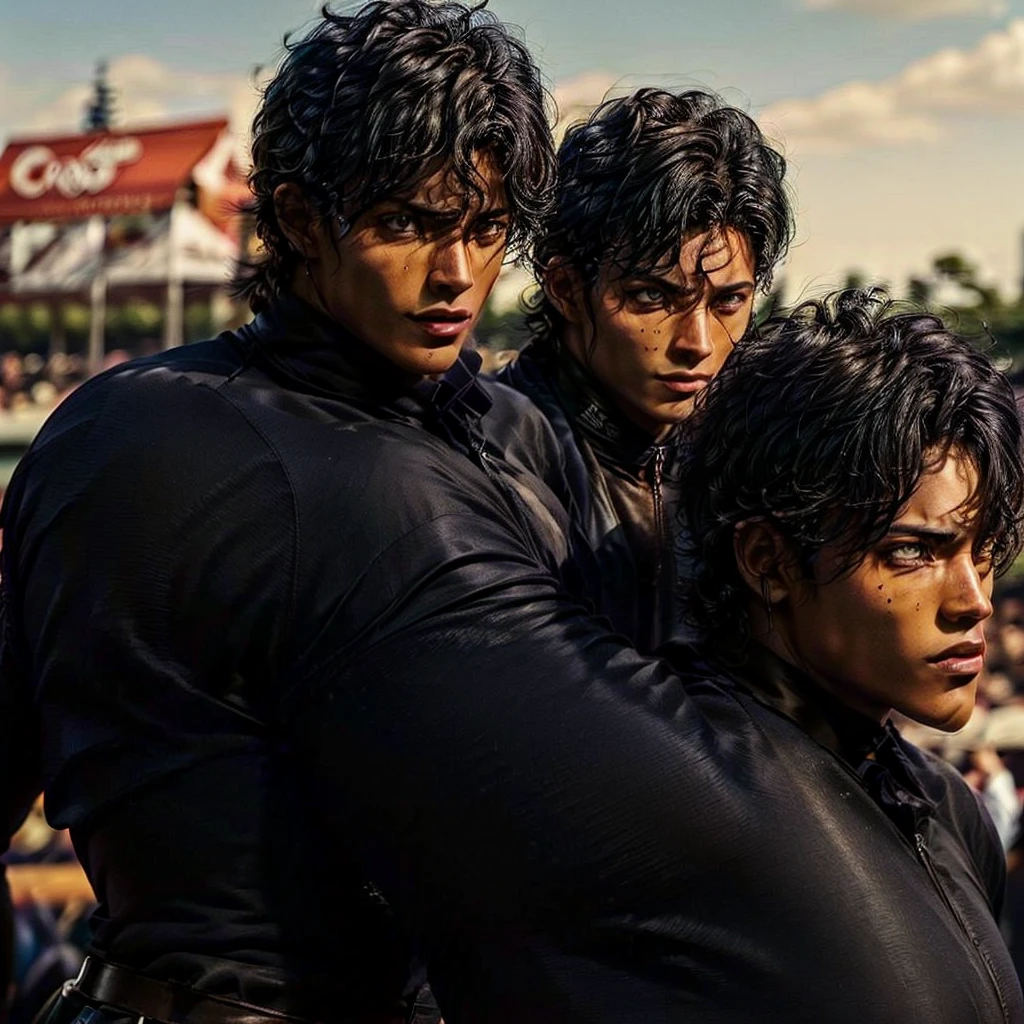 One man that is a muscular, attractive, black hair with somewhat tan skin, brown eyes, sharp jawline, thick eyebrows, racing silks outfit with bright and colorful colors inspired by polo men. Horse race track in the background With people riding horses.