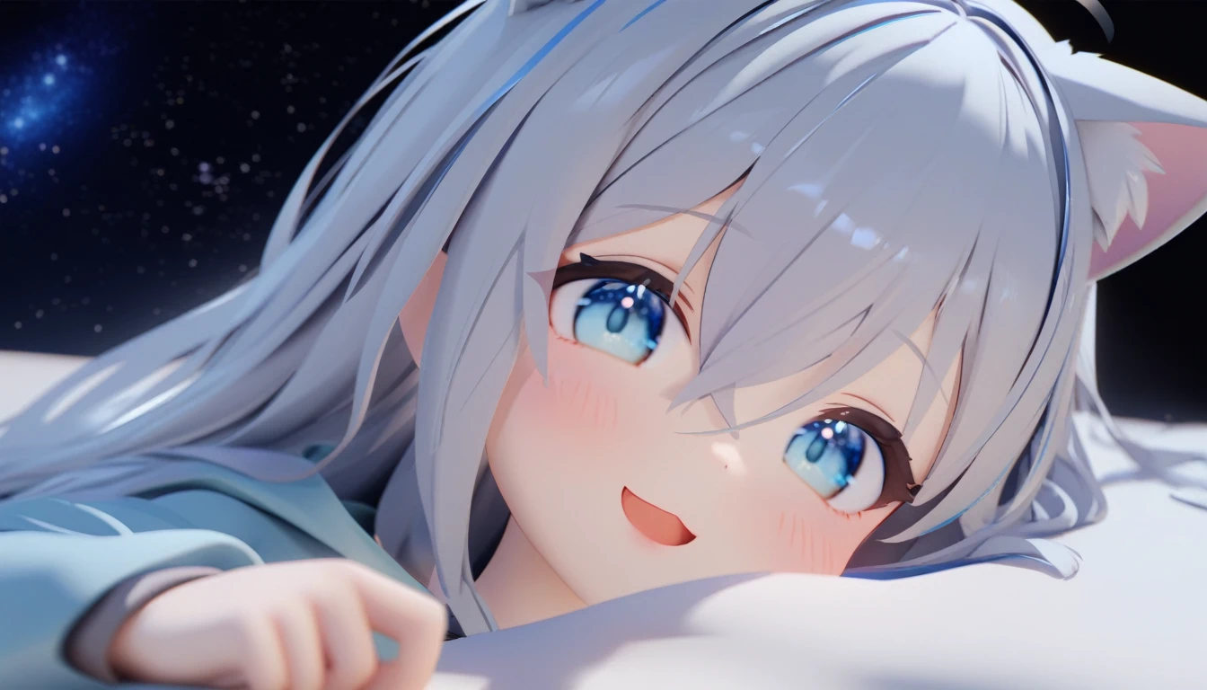 (MMD Style)，，，Cat ears，Gray Hair，Straight long hair，cute，Light blue eyes，Big eyes，Open your mouth、Starry Sky，Lie down on the bed，Lying on your back，smile，blush， Hair between the eyes，Large hoodie,Take a close-up of the face，Co-sleeping with viewers