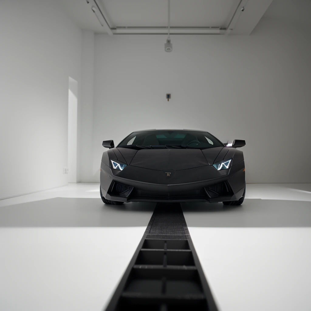 Black matte lambo  in a white studio,
Super drtail, Depth Of Field,