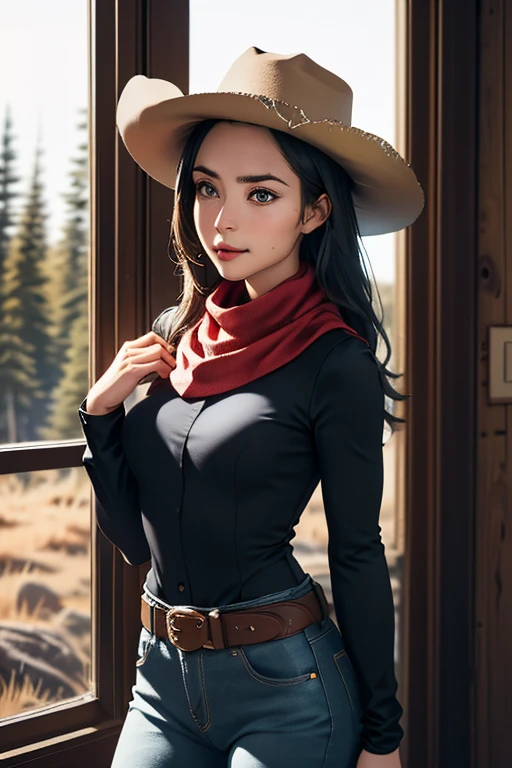 Highest quality High resolution Western Wilderness Cute girl in gunfighter clothes Ten-gallon hat Revolver pistols jeans gun belt A scarf is wrapped around the neck The background is the wilderness:1.8