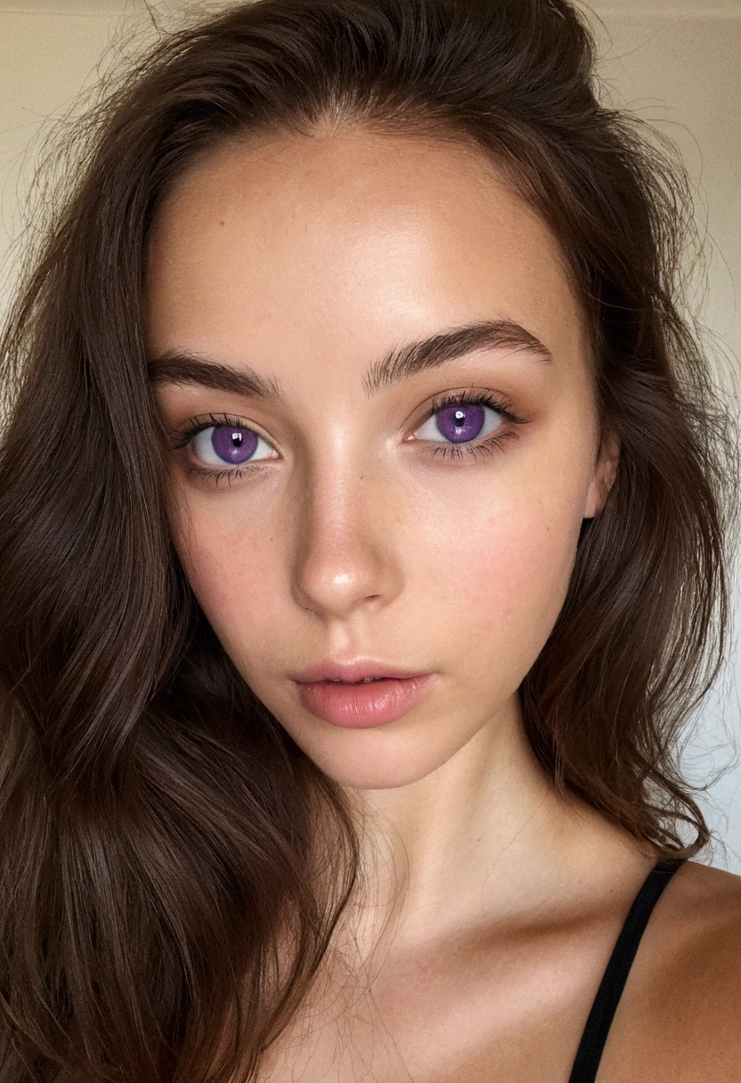 arafed, femme, sans vetement, fille sexy aux yeux marrons, grand , portrait sophie mudd, cheveux bruns et grands yeux, selfie d&#39;une jeune femme, yeux de la chambre, violette myers, sans maquillage, maquillage naturel, regarder directement la caméra, ferme ta bouche, a l&#39;air séduisant, visage avec artgram, maquillage subtil, superbe photo de tout le corps, dans la chambre, clivage