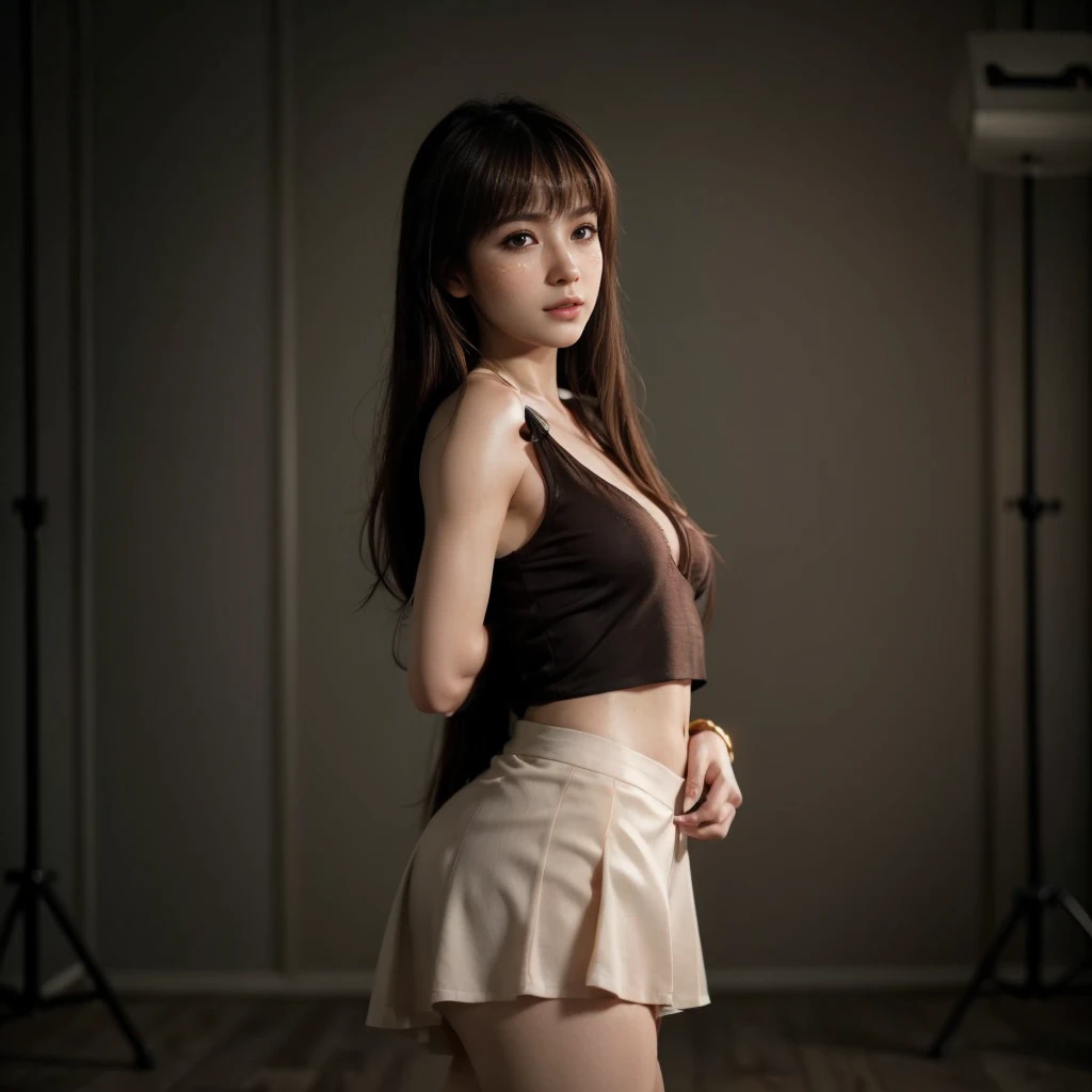 Kasumi, brown eyes, (best quality, ultra-detailed), (realistic:1.37), beautiful and detailed face, ultra-realistic texture, delicate face, delicate body, red lipstick, bright colors. High definition, 8K.