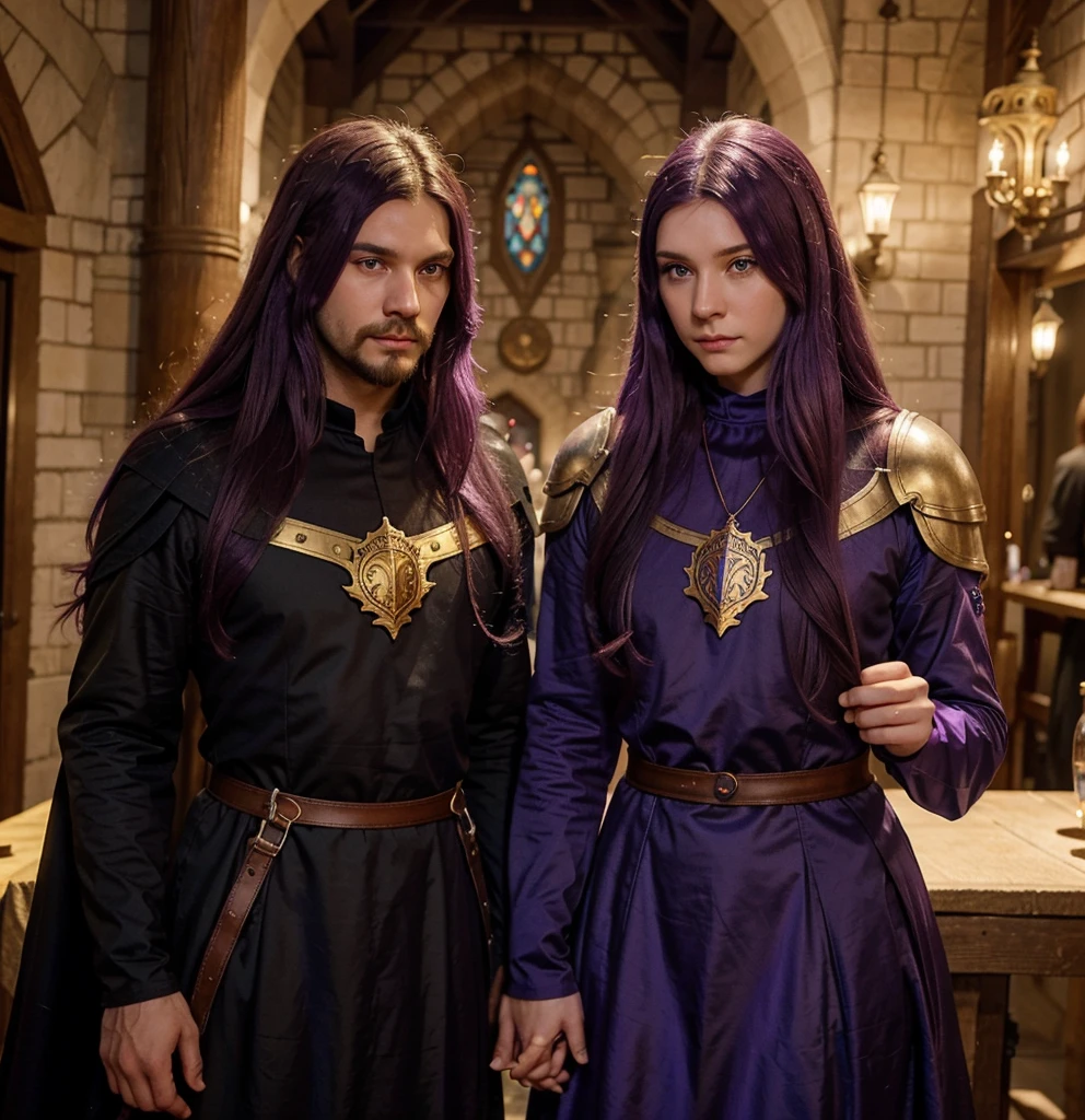 Sully, a picture of two medieval city, they have long violet hair and violet eyes, and one of them has no beard and the other has a violet beard. Make them wear armor and a golden jewel on their chest.
