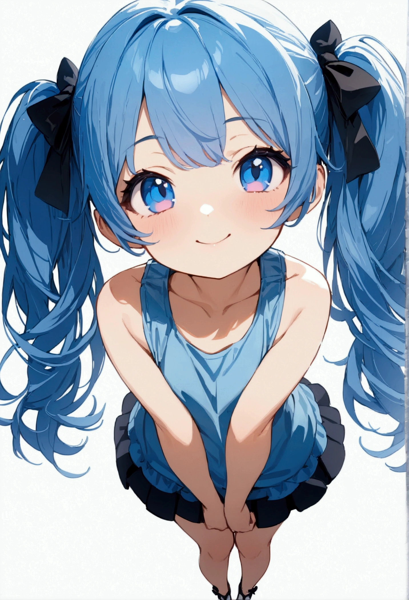 full body, (female): 1girl, (solo), (perfect face), (detailed outfit), (little girl), beautiful female, smile (happy), blue hair, long hair, twintails hair, blue eyes, (tank top,), (white background), (masterpiece:1.4), (best quality), (ultra-detailed)