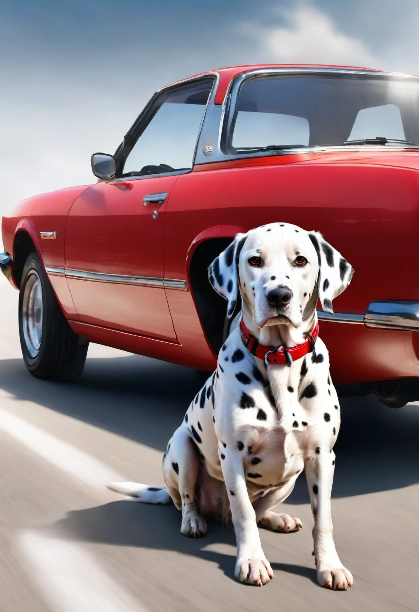 red car driven by a dog, the car is sporty and you can see a Dalmatian, The style is realistic the background is blurred to highlight the dog 24k volume in shadows