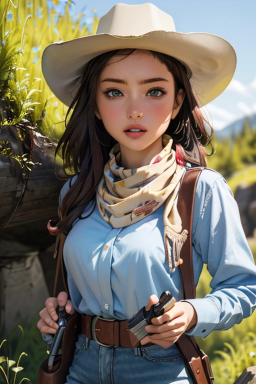 Highest quality　High resolution　Western Wilderness　Cute girl in gunfighter clothes　Ten-gallon hat　Revolver pistols　jeans　gun belt　A scarf is wrapped around the neck　The background is the wilderness:1.8