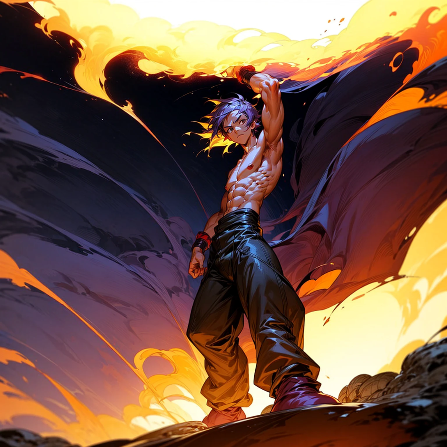 1character, full body version, character is man version, hazel eyes, dark purple colour hair, Shaggy hairstyle, (muscle, topless), clothing style is punk, boots, Grassroots, full background in fire city, motion blur, big flame in hand, standing gesture, (one piece style art), lighting big flame in hands, smoke, smoke effect, aura effect, lightning flash, silhouette, big Fire in hands, fire city 