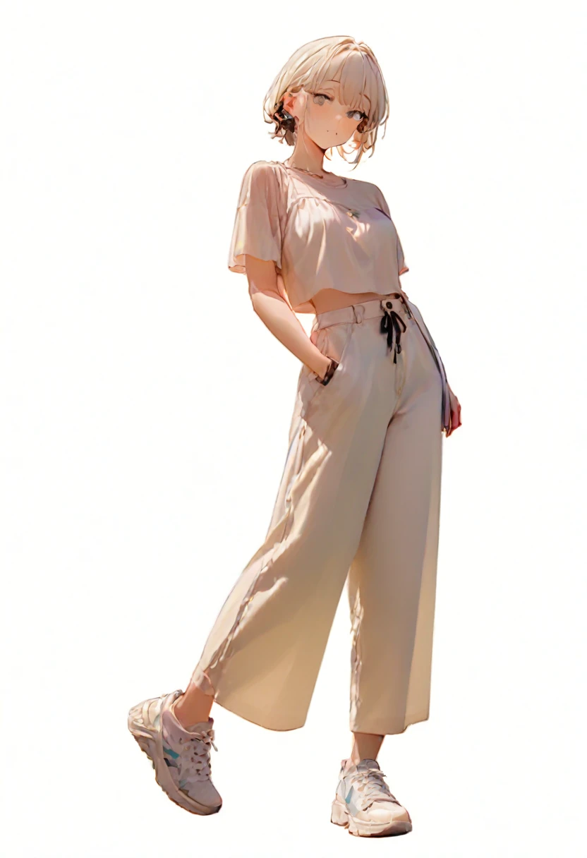 (Masterpiece, Best picture quality: 1.2, 8K), center, full body, 20s, one adult girl, cool fashion, casual wide pants, simple sneakers, simple background, white background, open eyes, delicate eyes, beautiful eyes, summery, black