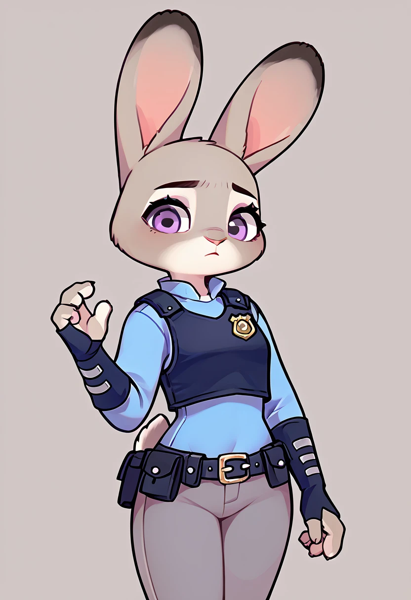 anthro, female, (judy hopps), rabbit, ears, zoom, (plain light grey background), eyelashes, sexy pose, (2d:0.9), 4k, 8k, detailed, high res, absurd res, [police uniform, blue shirt, black vest, belt, grey pants], mature, tall