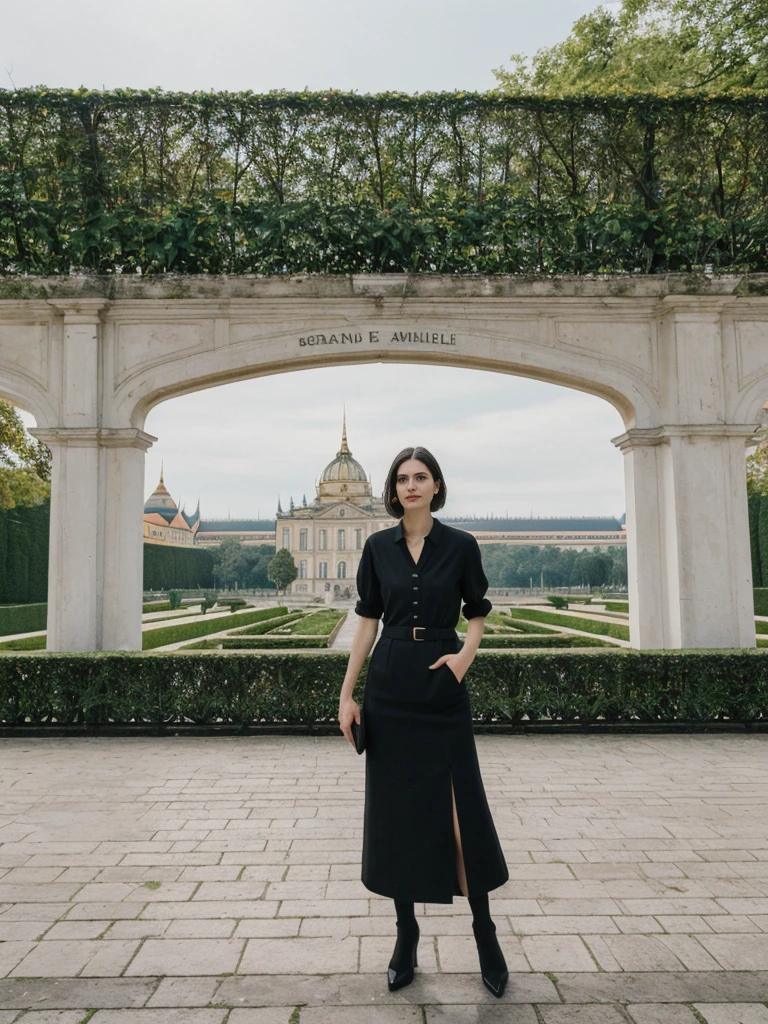 her name is Amelie, high quality, 1girl, ((25-year-old fit Caucasian woman)), ((25 years old)), ((SLIM)), ((Micro Bob dark hair)), pose: standing, wearing Popular Generation-Z modern wear elegant colored, BACKGROUND: "In Schönbrunn Palace Gardens, with the grand palace in the background and beautifully manicured gardens all around."