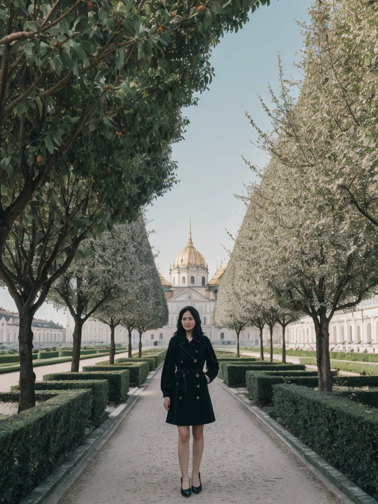 her name is Amelie, high quality, 1girl, ((25-year-old fit Caucasian woman)), ((25 years old)), ((SLIM)), ((Micro Bob dark hair)), pose: standing, wearing Popular Generation-Z modern wear elegant colored, BACKGROUND: "In Schönbrunn Palace Gardens, with the grand palace in the background and beautifully manicured gardens all around."