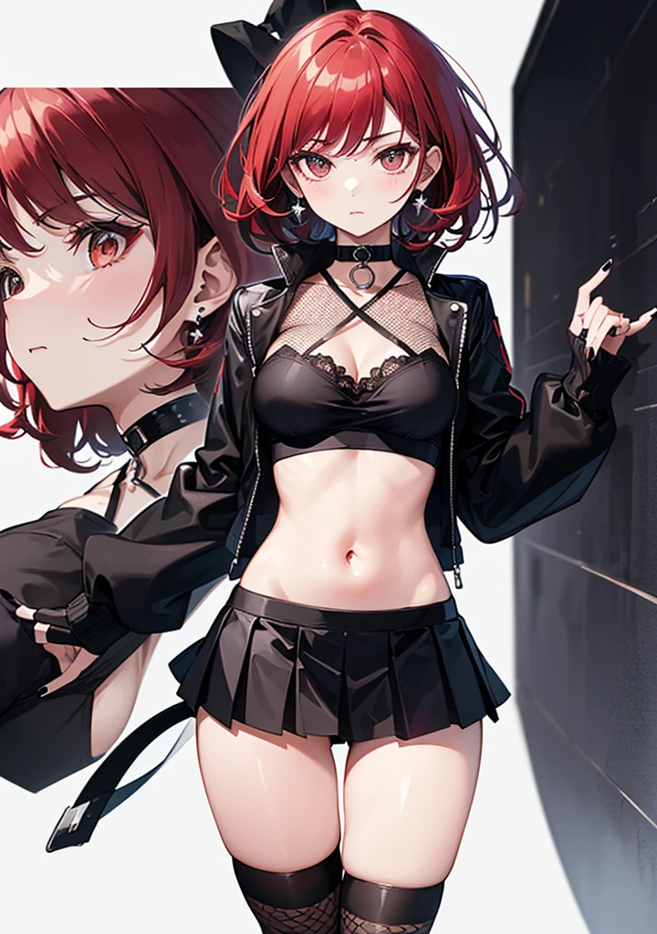 woman, curly red pixie cut hair, green eyes, wearing crop top black shirt, long black jacket, red plaid skirt, (black knee high boots), black fingerless gloves, exposed shoulders, large breasts, freckles, cleavage, abs, looking at viewer, masterpiece, best quality, sitting cross legged