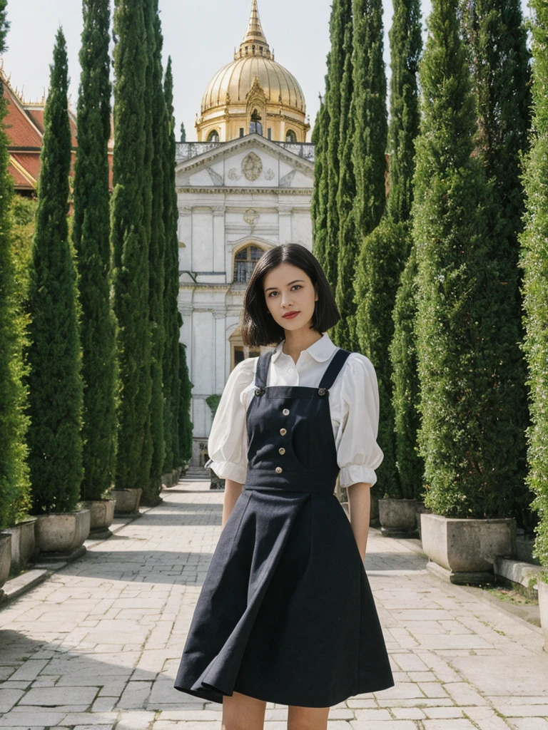 her name is Amelie, high quality, 1girl, ((25-year-old fit Caucasian woman)), ((25 years old)), ((SLIM)), ((Micro Bob dark hair)), pose: standing, wearing Popular Generation-Z modern wear elegant colored, BACKGROUND: "In Schönbrunn Palace Gardens, with the grand palace in the background and beautifully manicured gardens all around."