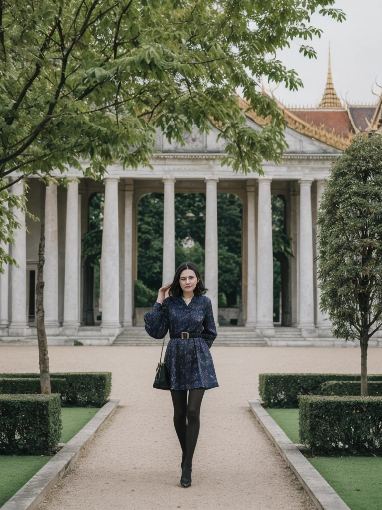 her name is Amelie, high quality, 1girl, ((25-year-old fit Caucasian woman)), ((25 years old)), ((SLIM)), ((Micro Bob dark hair)), pose: standing, wearing Popular Generation-Z modern wear elegant colored, BACKGROUND: "In Schönbrunn Palace Gardens, with the grand palace in the background and beautifully manicured gardens all around."