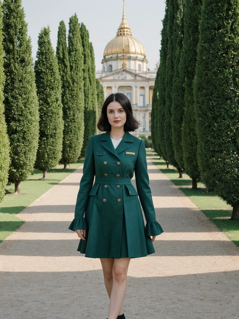 her name is Amelie, high quality, 1girl, ((25-year-old fit Caucasian woman)), ((25 years old)), ((SLIM)), ((Micro Bob dark hair)), pose: standing, wearing Popular Generation-Z modern wear elegant colored, BACKGROUND: "In Schönbrunn Palace Gardens, with the grand palace in the background and beautifully manicured gardens all around."