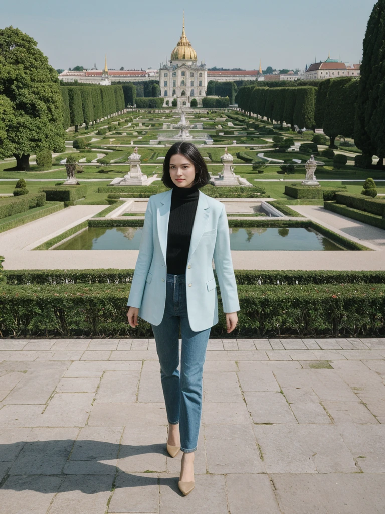her name is Amelie, high quality, 1girl, ((25-year-old fit Caucasian woman)), ((25 years old)), ((SLIM)), ((Micro Bob dark hair)), pose: standing, wearing Popular Generation-Z modern wear elegant colored, BACKGROUND: "In Schönbrunn Palace Gardens, with the grand palace in the background and beautifully manicured gardens all around."