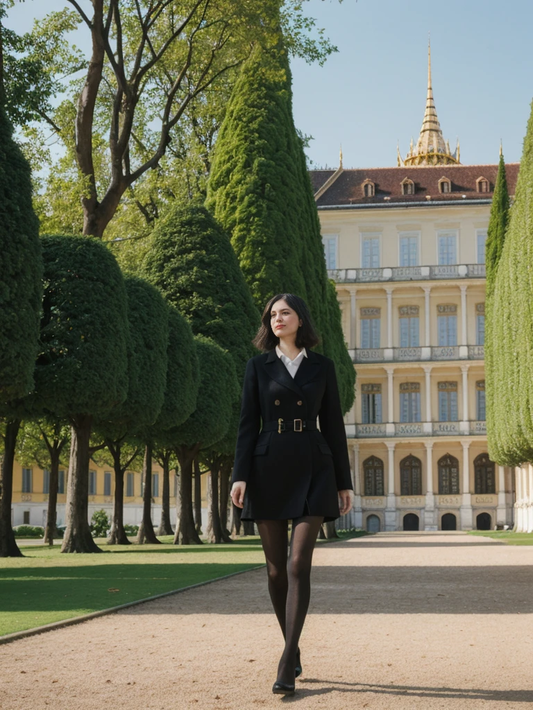 her name is Amelie, high quality, 1girl, ((25-year-old fit Caucasian woman)), ((25 years old)), ((SLIM)), ((Micro Bob dark hair)), pose: standing, wearing Popular Generation-Z modern wear elegant colored, BACKGROUND: "In Schönbrunn Palace Gardens, with the grand palace in the background and beautifully manicured gardens all around."