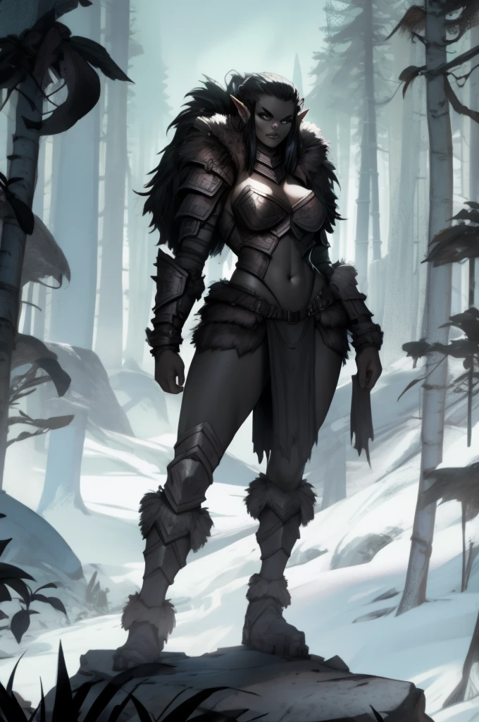 Sexy female orc, standing alone, standing alone, (standing alone)(standing alone) wearing fur armor, busty, curved