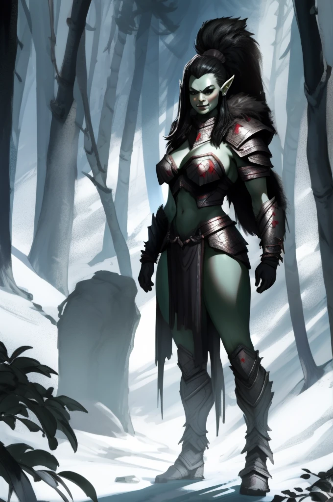 Sexy female orc, standing alone, standing alone, (standing alone)(standing alone) wearing fur armor, busty, curved